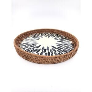 Handcrafted Vietnamese Round Serving Rattan Tray with Mother of Pearl Inlay